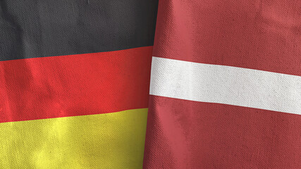 Latvia and Germany two flags textile cloth 3D rendering