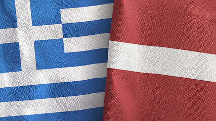 Latvia and Greece two flags textile cloth 3D rendering