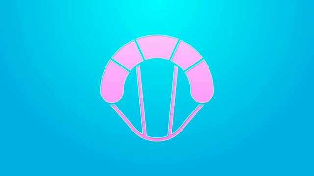 Pink line Parachute icon isolated on blue background. Extreme sport. Sport equipment. 4K Video motion graphic animation
