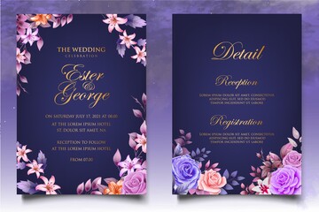 Watercolor wedding invitation floral and leaves card template