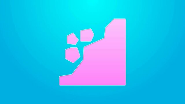 Pink line Landslide icon isolated on blue background. Stones fall from the rock. Boulders rolling down a hill. Rockfall. 4K Video motion graphic animation