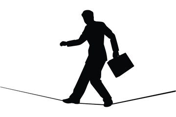 Business man walks on wire tightrope silhouette vector