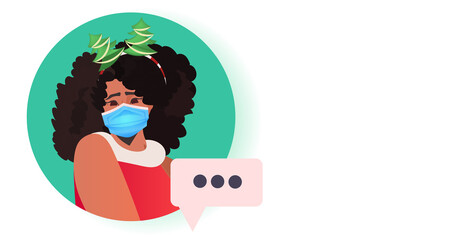 african american woman in festive hat wearing mask to prevent coronavirus pandemic new year christmas holidays celebration online communication concept portrait horizontal vector illustration
