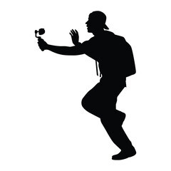 Young man with camera filming vlog silhouette vector