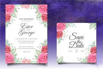 Watercolor wedding invitation floral and leaves card template