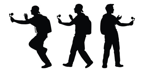 Set of young man with camera filming vlog silhouette vector