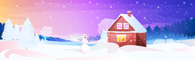 snowman near snow covered house in winter night village new year christmas holidays celebration concept greeting card landscape background horizontal vector illustration