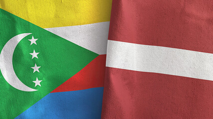 Latvia and Comoros two flags textile cloth 3D rendering