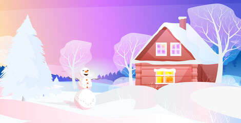 Fototapeta na wymiar snowman near snow covered house in winter night village new year christmas holidays celebration concept greeting card landscape background horizontal vector illustration