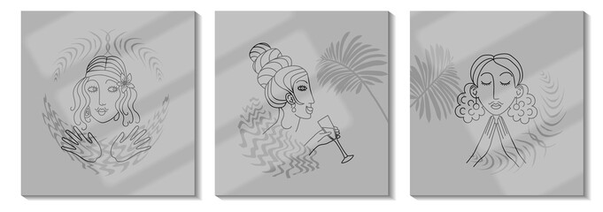 Set of drawings with modern abstract faces. Fashionable outlines of women silhouettes with shadows. Hand-drawn outlines of vector illustrations of girls. Minimalistic concept. Monochrome banner. Gray.