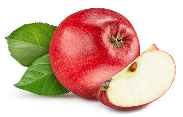 Red apple and slice with leaves. Apple full macro shoot fruit healthy food ingredient on white isolated. Clipping path suitable for package