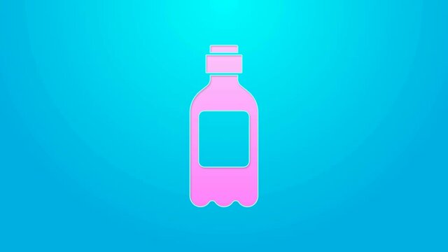 Pink line Bottle of water icon isolated on blue background. Soda aqua drink sign. 4K Video motion graphic animation