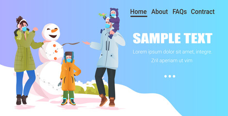 family in masks making snowman new year christmas holidays celebration coronavirus pandemic concept full length copy space vector illustration