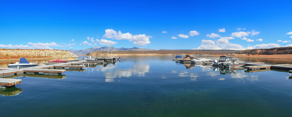 Panoramic view of Crowley lake Marina in Sierra Nevada Mountains
