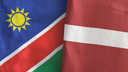 Latvia and Namibia two flags textile cloth 3D rendering