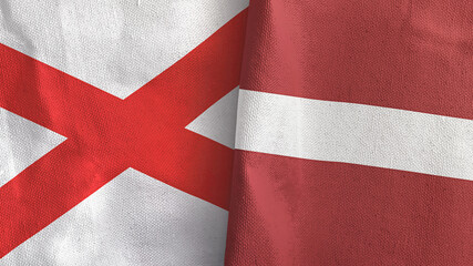 Latvia and Northern Ireland two flags textile cloth 3D rendering