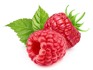 Two raspberry with leaves isolated on white background. Raspberry with Clipping Path. Professional food photography
