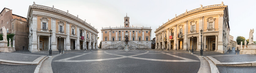Fototapeta na wymiar Panoramic view of the square at Capitoline Hill during sunrise, Rome, Italy