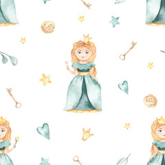 Fototapety  Watercolor seamless pattern with cute princess, crown, flowers, key, leaves in green on a white background