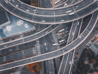 Aerial view of the complicated overpass bridges in Shanghai, China.