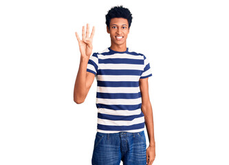 Young african american man wearing casual clothes showing and pointing up with fingers number four while smiling confident and happy.