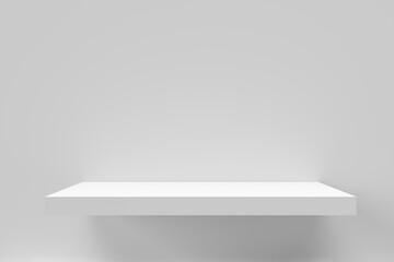 Empty white shelf on a wall for exhibit. Product Stand 3d rendering.