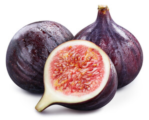 Fig Clipping Path. Ripe whole fig fruit and half isolated on white background. Fig fruit macro...
