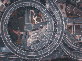 Aerial view of the complicated overpass bridges in Shanghai, China.