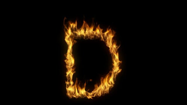 3D animation of the letter d on fire with alpha layer