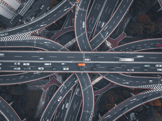 Aerial view of the complicated overpass bridges in Shanghai, China.