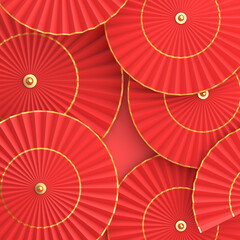 Happy Chinese new year or mid autumn decoration background with red paper hand fan umbrella, 3D rendering illustration