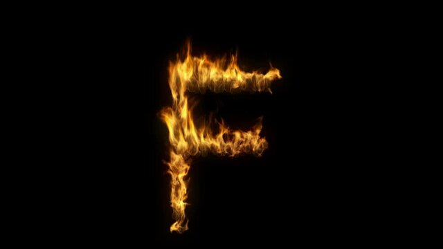 3D animation of the letter f on fire with alpha layer