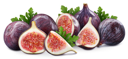 Pile of fig fruits isolated on white background. Сomposition of many fresh fig. Image stack full depth of field macro shot