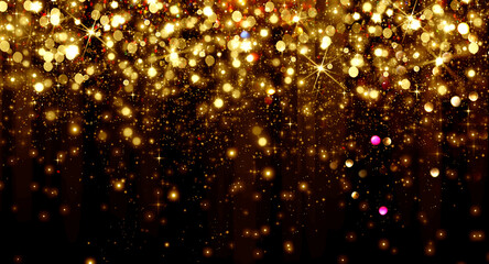 Falling Golden bokeh particles and stars on a black background, happy new year holiday concept