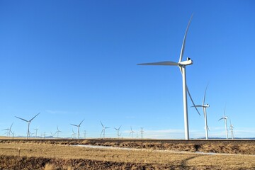 A closeup isolated vertical photo of Wind turbines in Alberta, Canada. Renewable energy concept.
