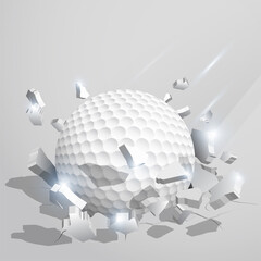 sport ball for golf crashed into the ground at high speed and breaks into shards, cracks after perfect hit. Inflicting heavy damage. Vector