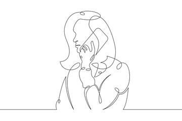 Young woman sits with a phone smartphone tablet in her hands. Communication on the Internet.One continuous drawing line, logo single hand drawn art doodle isolated minimal illustration.