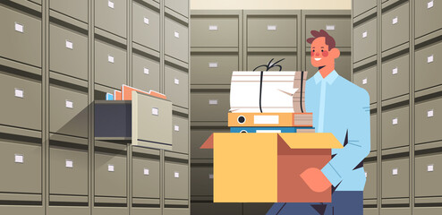 businessman holding cardboard box with documents in filing wall cabinet with open drawer data archive storage business administration paper work concept horizontal portrait vector illustration - obrazy, fototapety, plakaty