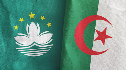 Algeria and Macau two flags textile cloth 3D rendering