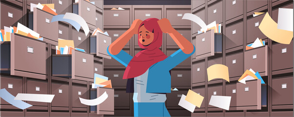 overworked arab businesswoman searching documents in filing wall cabinet with open drawers data archive storage business administration paper work concept horizontal portrait vector illustration - obrazy, fototapety, plakaty