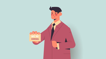 hr manager holding we are hiring poster vacancy open recruitment human resources concept horizontal portrait vector illustration