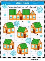 Fototapeta na wymiar Picture puzzle or visual riddle: Which model house was made using net 1? Answer included. 