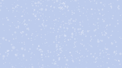 Geometric white snowflake illustrations different sizes that twirl and fall down on blue background. Merry Christmas, winter holiday and Happy New Year greeting concept with copy space