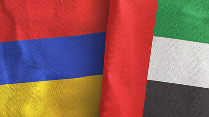 United Arab Emirates and Armenia two flags textile cloth 3D rendering