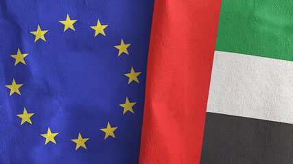 United Arab Emirates and European Union two flags textile cloth 3D rendering