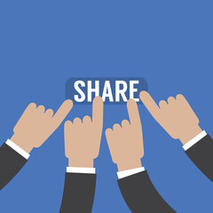 Flat Design Hand  is Pressing Share Button, Communication in The World of Technology Concept Vector Illustration.