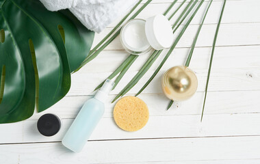 Fototapeta na wymiar Cosmetics skin care spa treatments wooden background