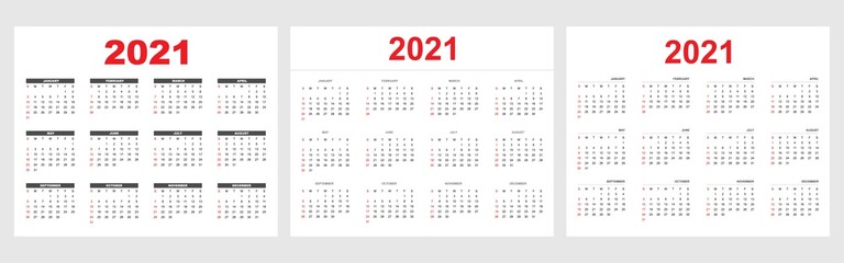 Calendar of 2021, set of 12 months, week start from Sunday, simple concept calendar layout template for website and business, vector illustration.