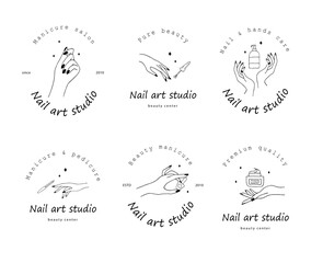 Nail art studio logo set. Modern design for beauty center, spa salon, manicure and pedicure bar. Linear vector illustration.