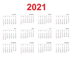 Calendar of 2021, set of 12 months, week start from Sunday, simple concept calendar layout template for website and business, vector illustration.